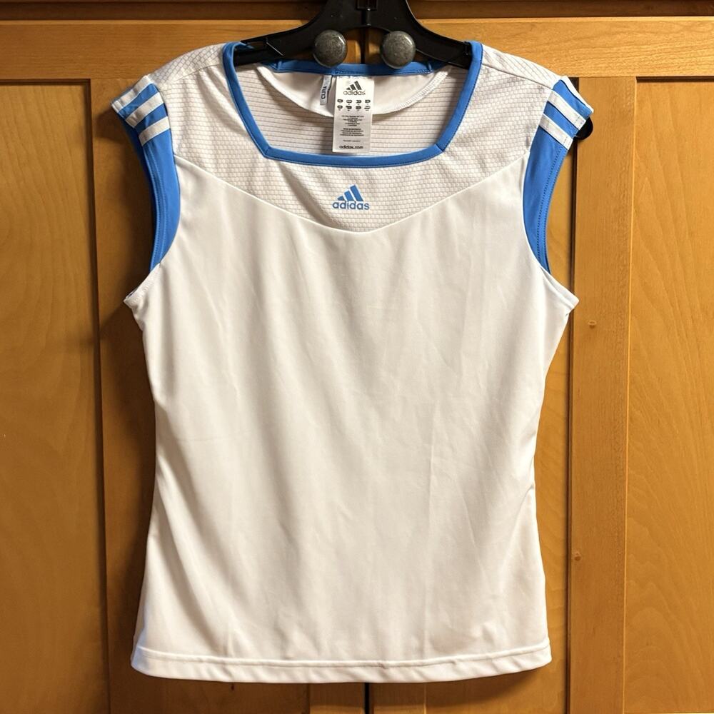adidas Clima365 Shirt Size M White & Blue w/ Logo Sleeveless Machine Wash